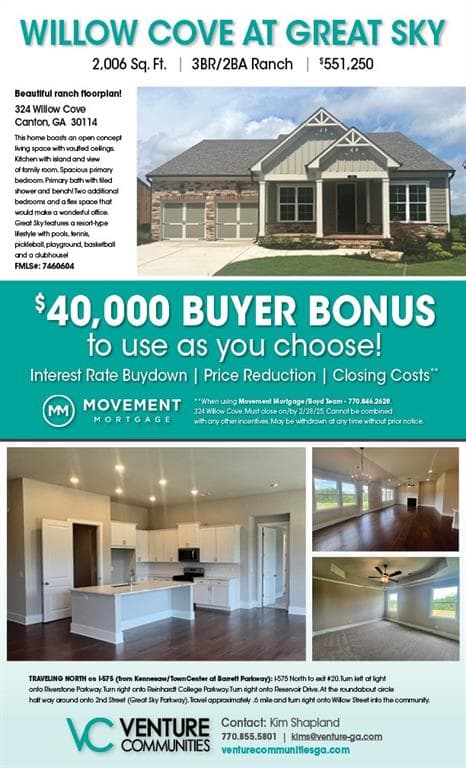 3 bedroom, 2 bathroom single family residence sold at 324 Willow Cove, Canton, GA 30114