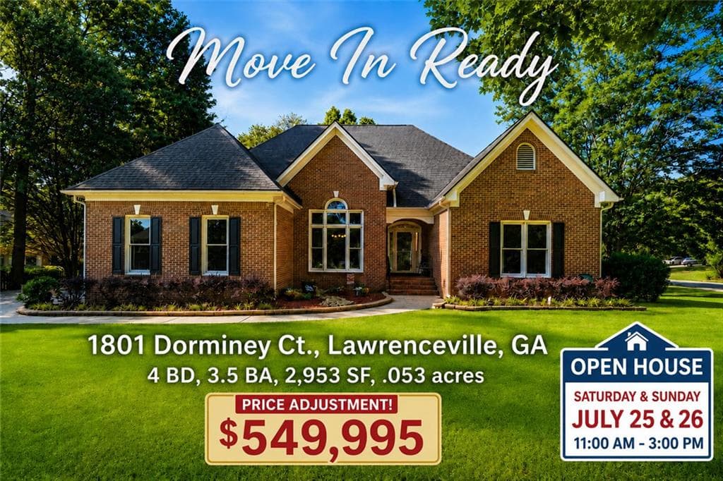4 bedroom, 4 bathroom, 2,953 sq ft single family residence sold at 1801 Dorminey Court, Lawrenceville, GA 30043